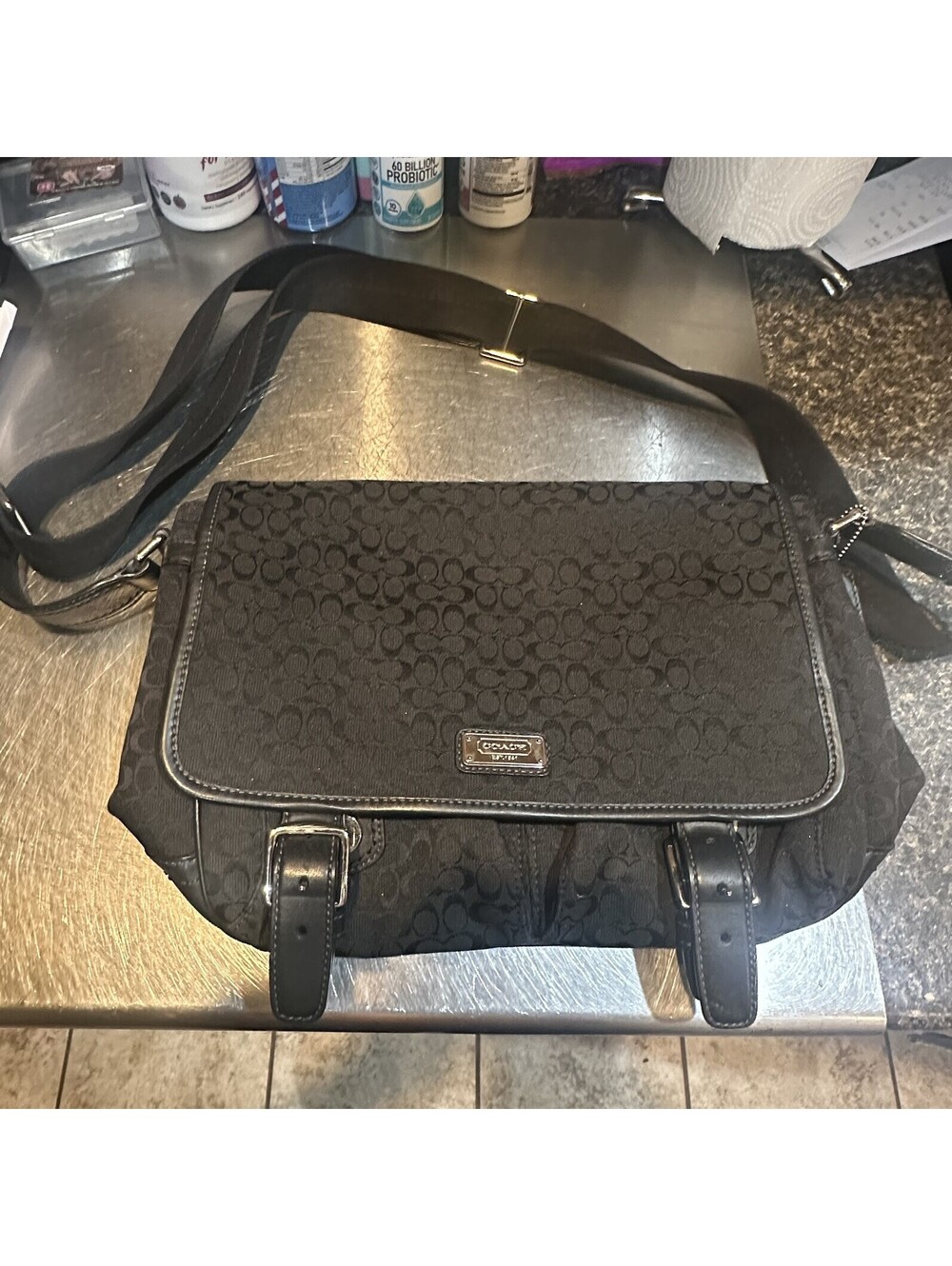 Y2K COACH  70283 Unisex Messenger Bag Black Signature Jacquard & Leather Trim
